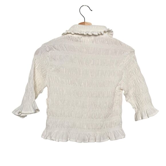 MAEVE Anthropologie Smocked Button Front Top XS Ivory Natural Cottagecore Chic - Picture 5 of 16